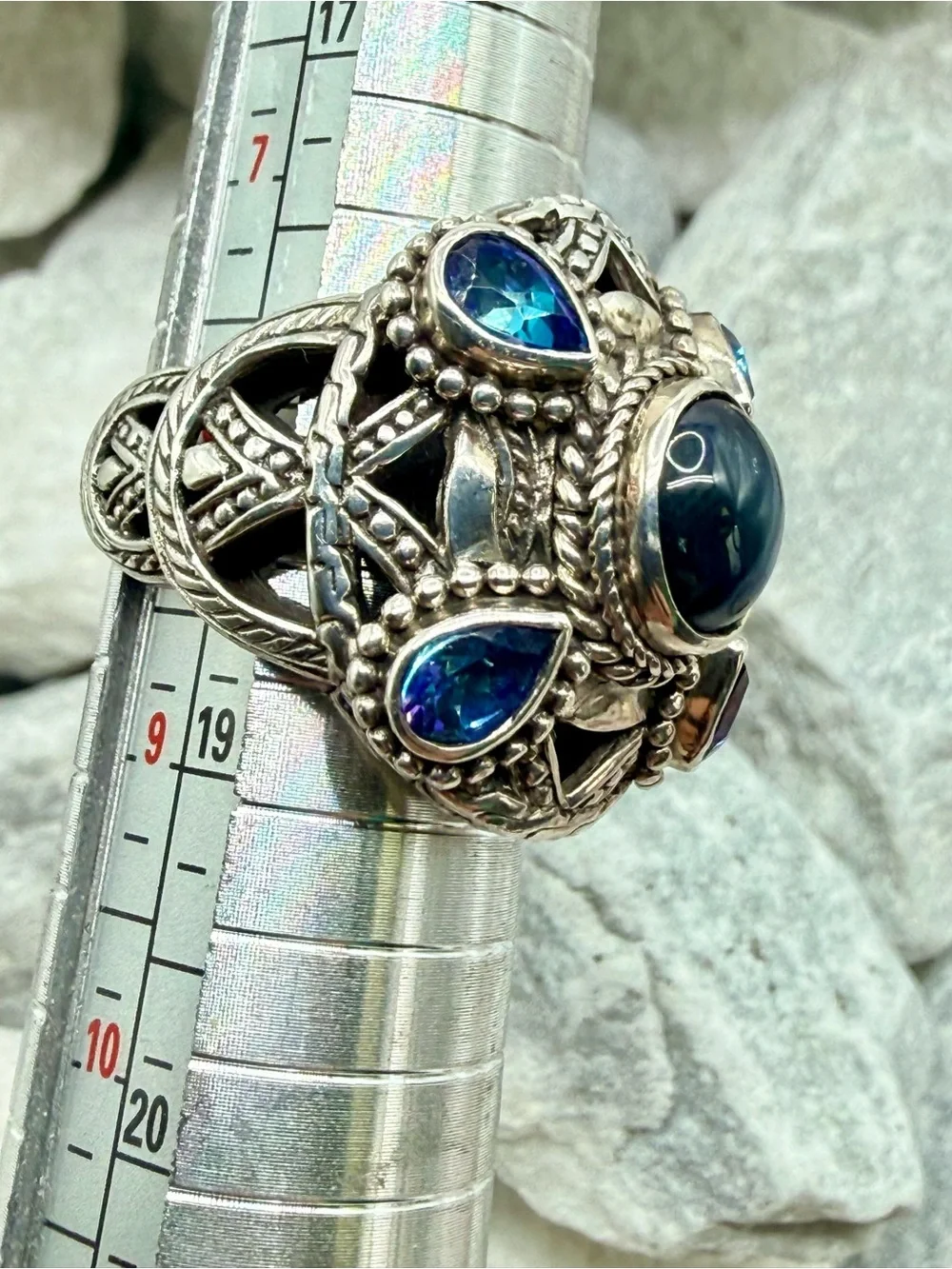 Vintage SARDA 925 Sterling Silver Sapphire Blue Topaz Statement Ring Size 8 EUC